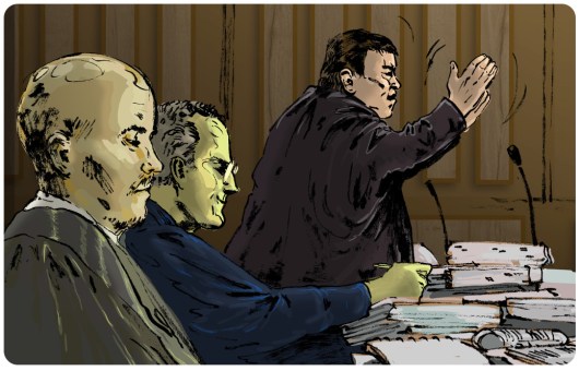 Drawing of advocate Oosthuisen arguing before the high court, with advocate Unterhalter and assistant