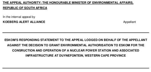 Title page of response from Eskom to the KAA appeal