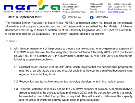 NERSA conditional concurrence with new nuclear